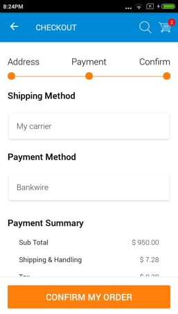 Magento mobile app confirm page